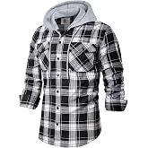 Men's Flannel Shirt Plaid Hoodie Stylish Long Sleeve Fall Casual Button Down Western Shirts with Flat Pocket