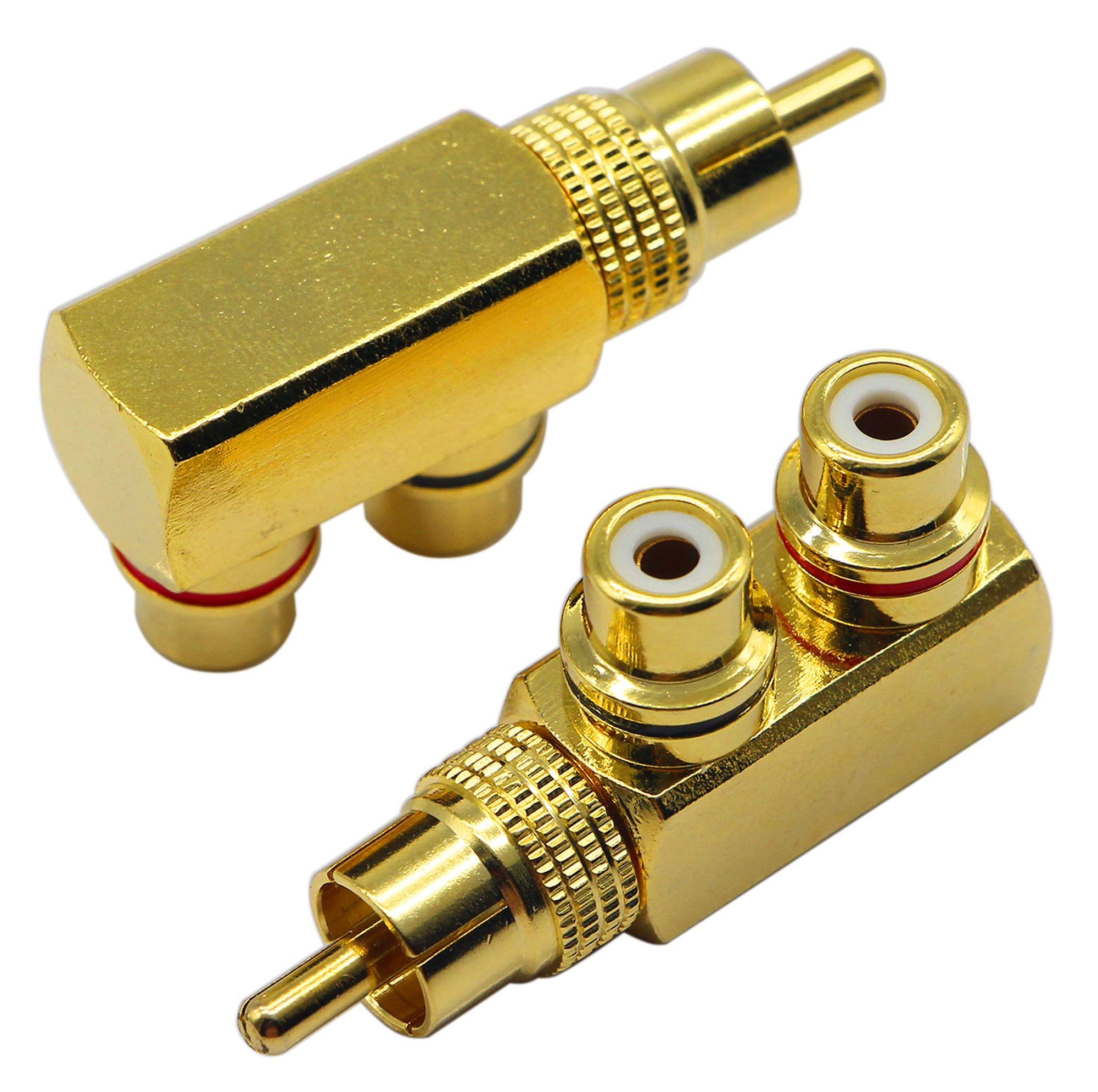 zdyCGTime RCA Splitter Adapter,90 Degree Right Angle RCA Male to 2 RCA Female Plug Audio Video Splitter Adapters Gold-Plated Metal Connector M/F(2packs)