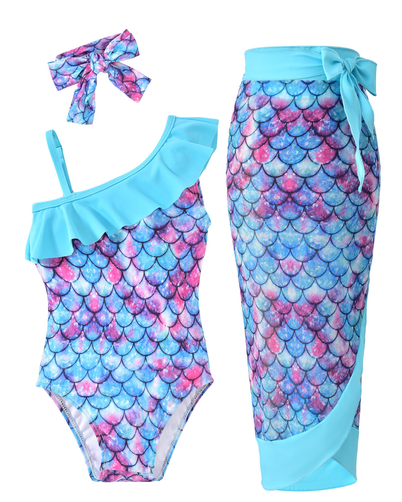Photo 1 of 4T Toddler Little Girl Ruffle One Piece Swimsuit 4-5T One Shoulder Mermaid Bathing Suit with Cover Up Skirt Summer Swimwear Beach Wear