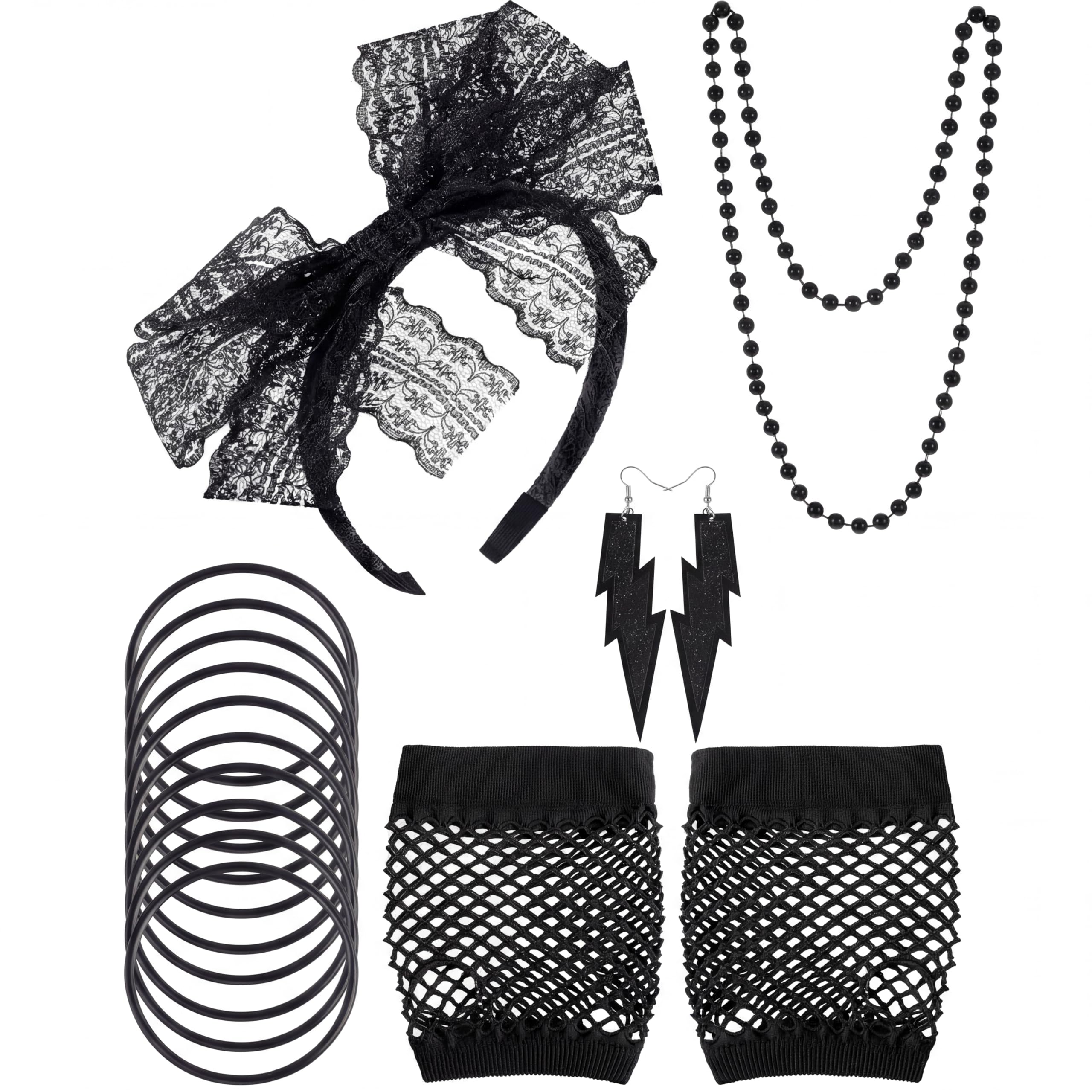 80s Lace Headband Earrings Fishnet Gloves Necklace Bracelet for 80s Party (Black)