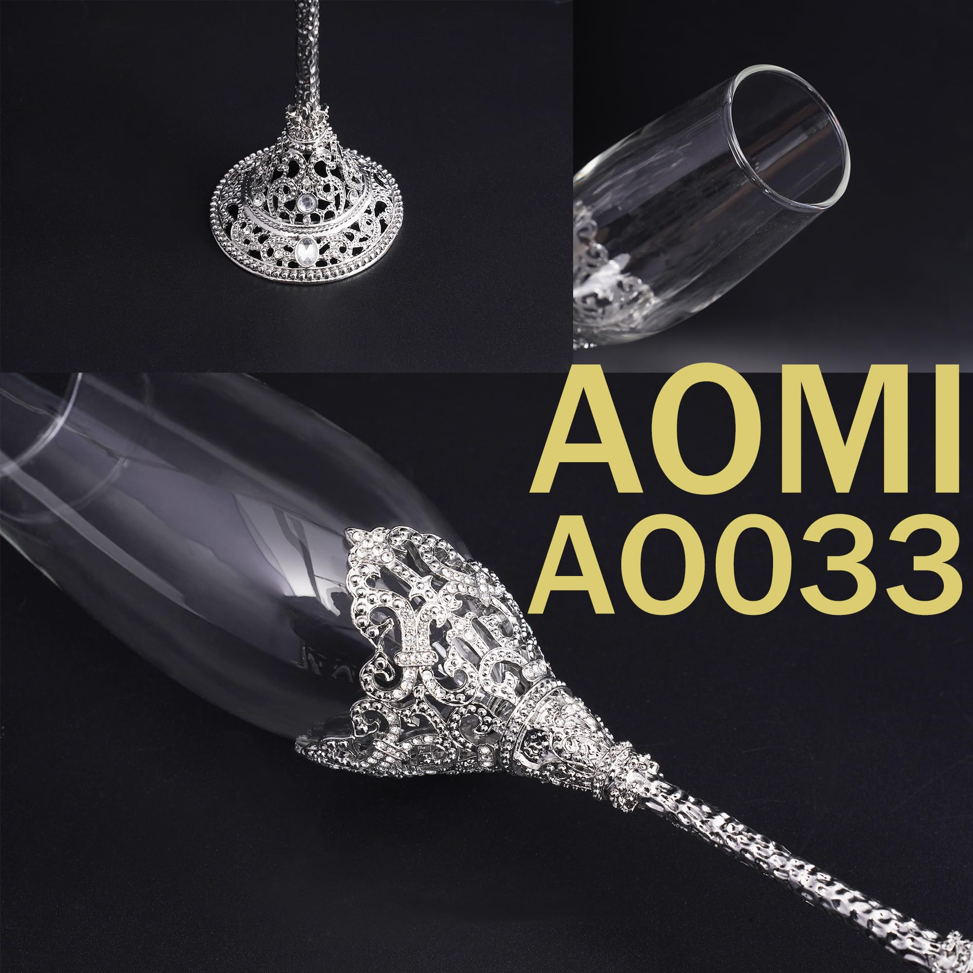 Wedding Champagne Flutes Toasting Glasses, Silver 7oz Toasting Flute Pair Crystal Metal Base with Sparkling Crystals for Wedding Anniversary Party Birthday Banquet and Gift for Bride Groom Giftboxed