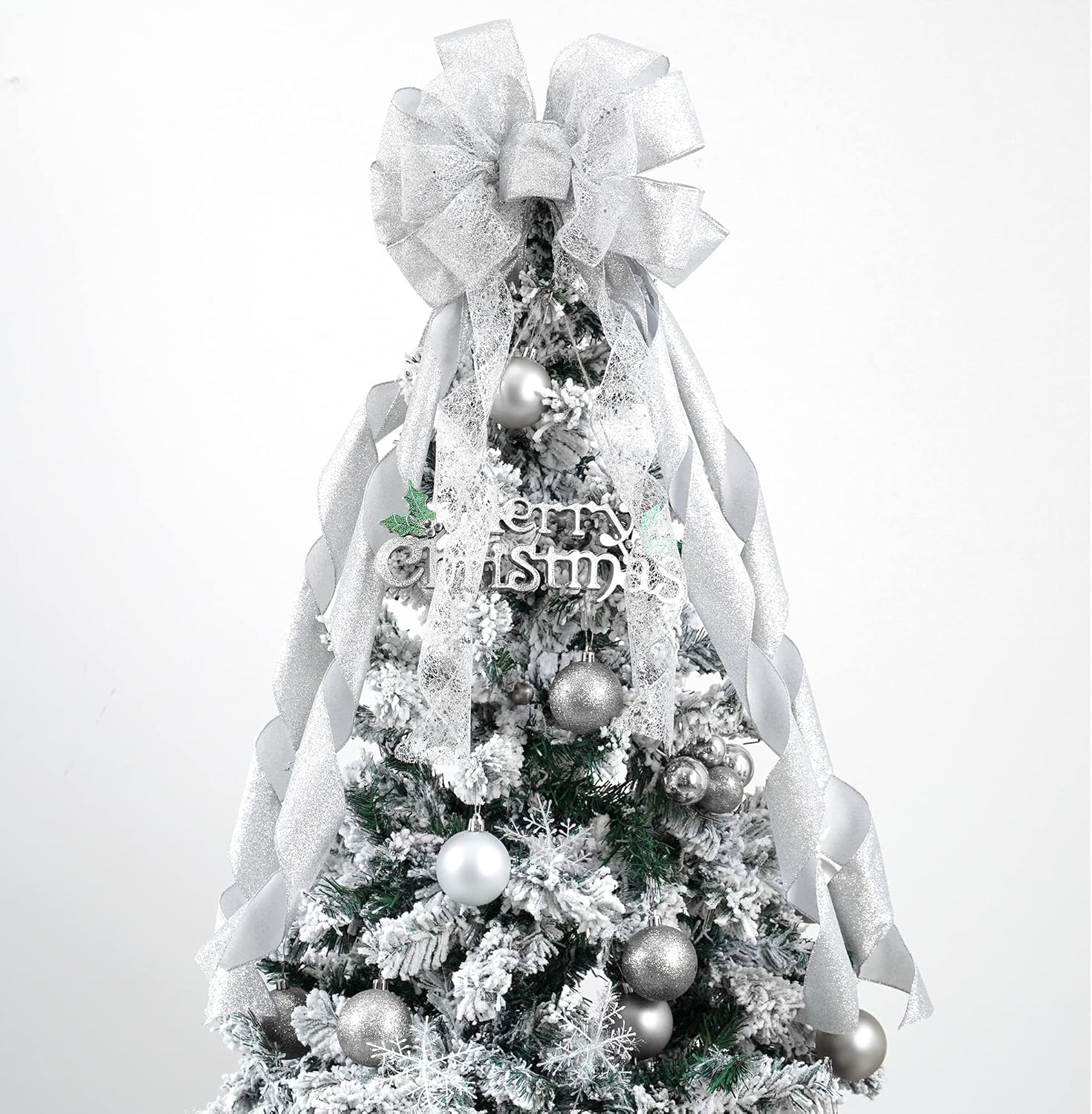 Bows & Ribbons - MEEDEE Silver Christmas Tree Topper Silver Glitter Christmas Bows 12