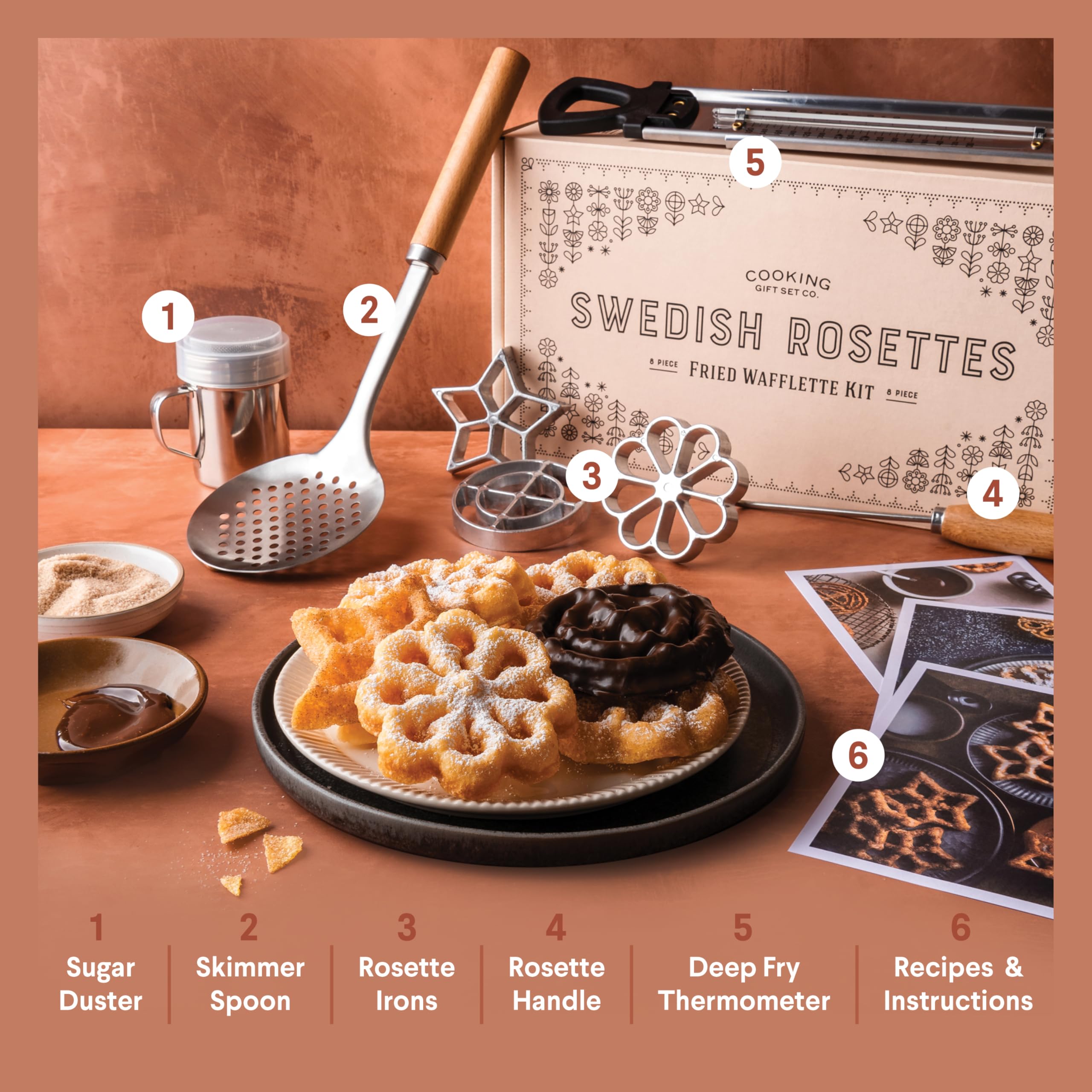 Swedish Rosette Iron Set with Handle Cooking Gifts – Rosette Maker & Bunuelos Mold Holiday Baking Essentials | Funnel Cake Maker & Waffle Iron Kit – Rosettes Unique Baking Gift Set for Women