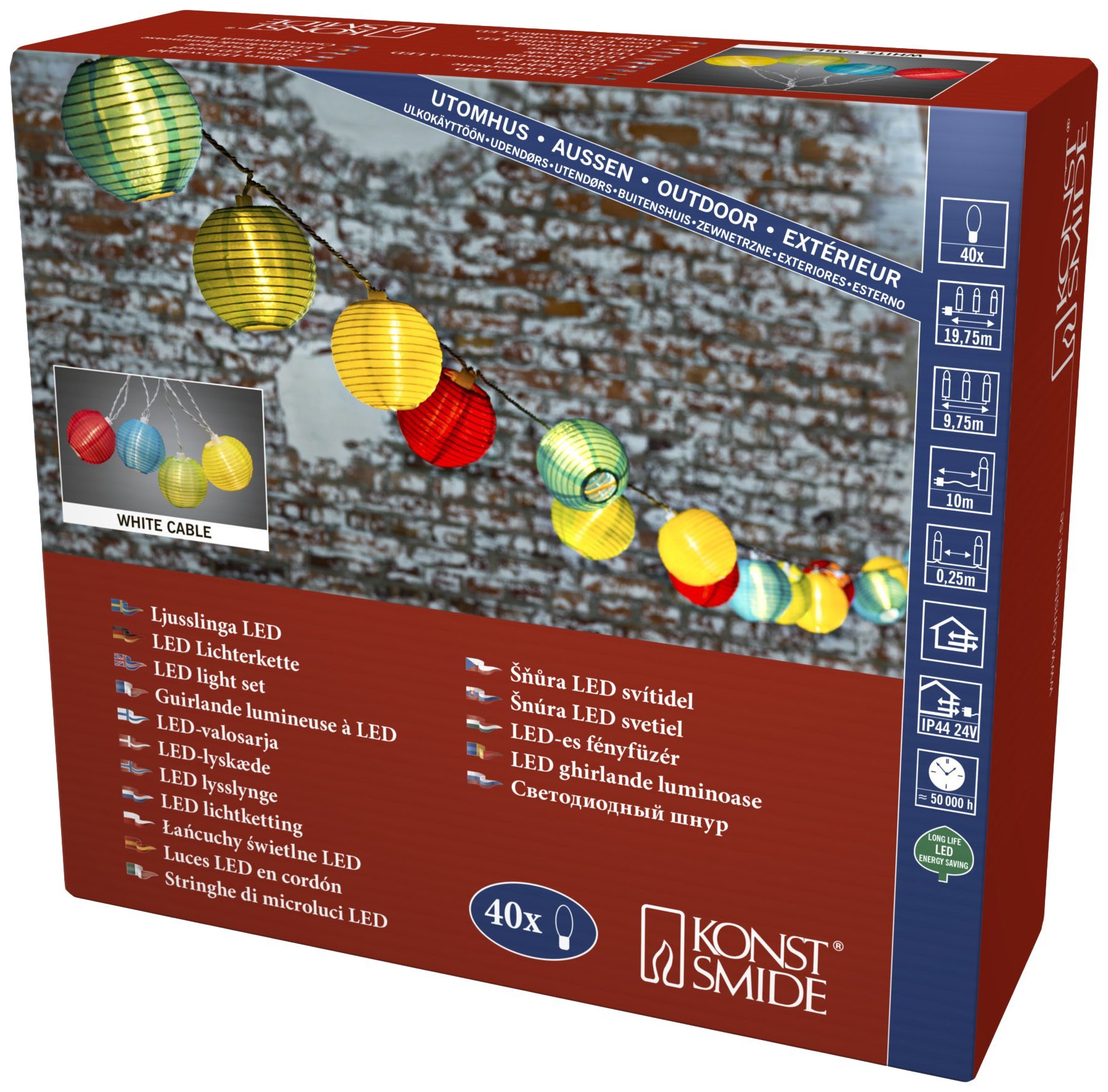 Konstsmide LED Beer Garden Party Light Festoon Chain, Outdoor Lights Multi Coloured/ Outdoor (IP44) / 40 Multi Coloured Balls / 40 Warm White Diodes / White Cable String Lights