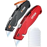 VOTREK&reg; Box Cutter Retractable| Metal Utility Knife【Built-in Storage】Tool-Free Quick Blade Change| Safety Lock| Extra SK5 Blades| Heavy Duty Razor Knife for Cardboard, Carton, 2 Pack-Black+Red