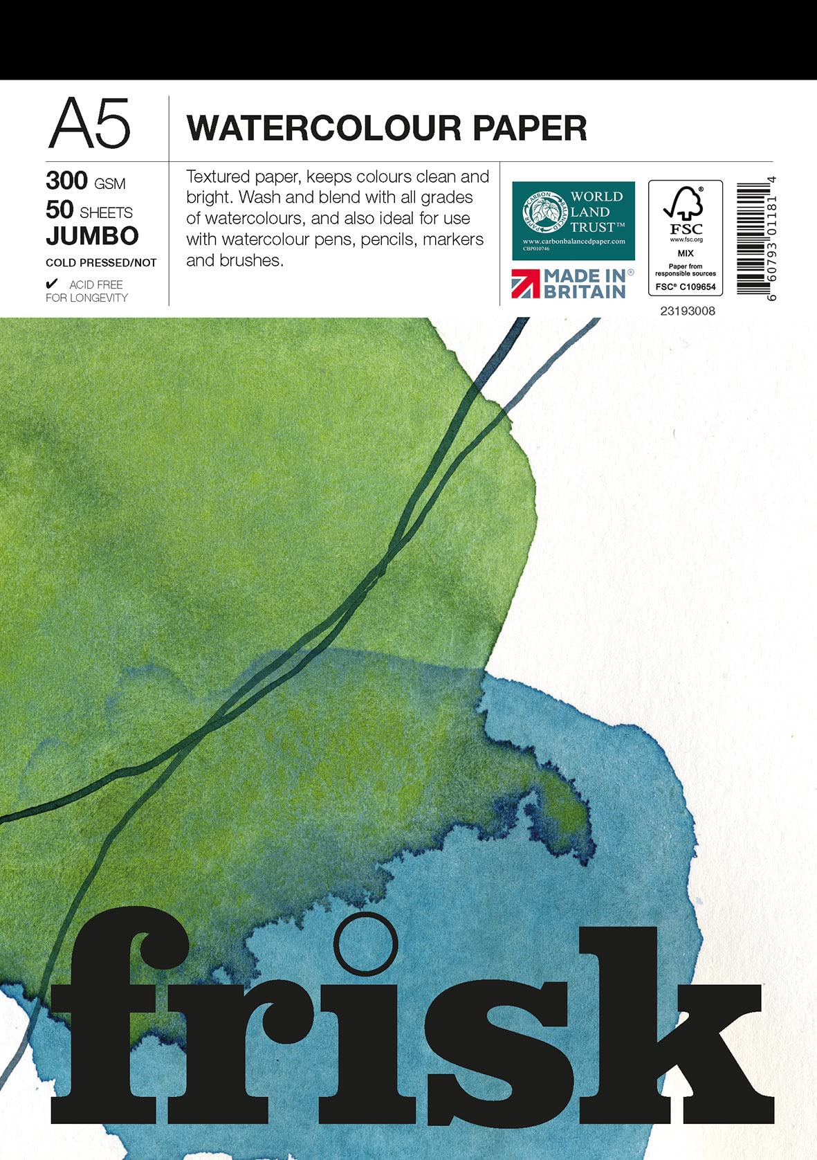 Frisk Jumbo Watercolour Paper Pad 300gsm Cold Pressed/Not 50sheets A5, White