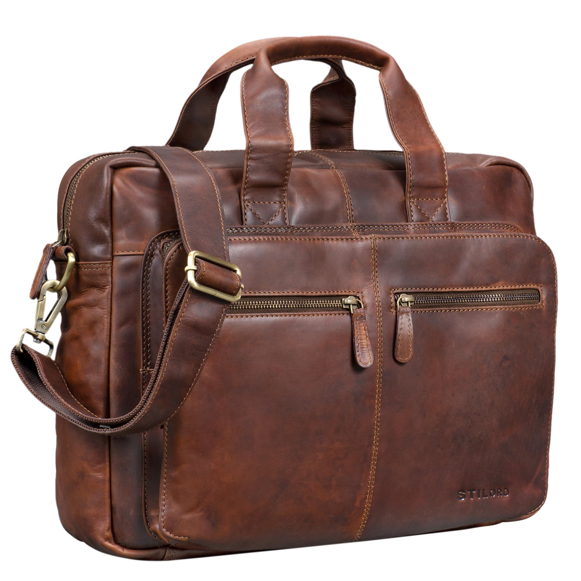 STILORD "Leandro" Leather Bag Laptop Men Vintage Shoulder Bag for 15.6 Inches Notebooks Messenger Bag with Strap and Handle for Trolley Genuine Leather Colour:Cognac Dark Brown