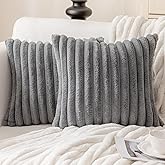 MOSAYT Faux Fur Throw Pillow Covers 18x18, Set of 2, Plush Velvet Soft Pillow Case,Fluffy Striped Decorative Couch Pillow Covers for Sofa, Bedroom, Living Room(Grey)