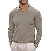 VOGSTART Mens Polo Shirts Long Sleeve V Neck Golf Shirt Casual Solid Color Classic Pullover (S-XXL)