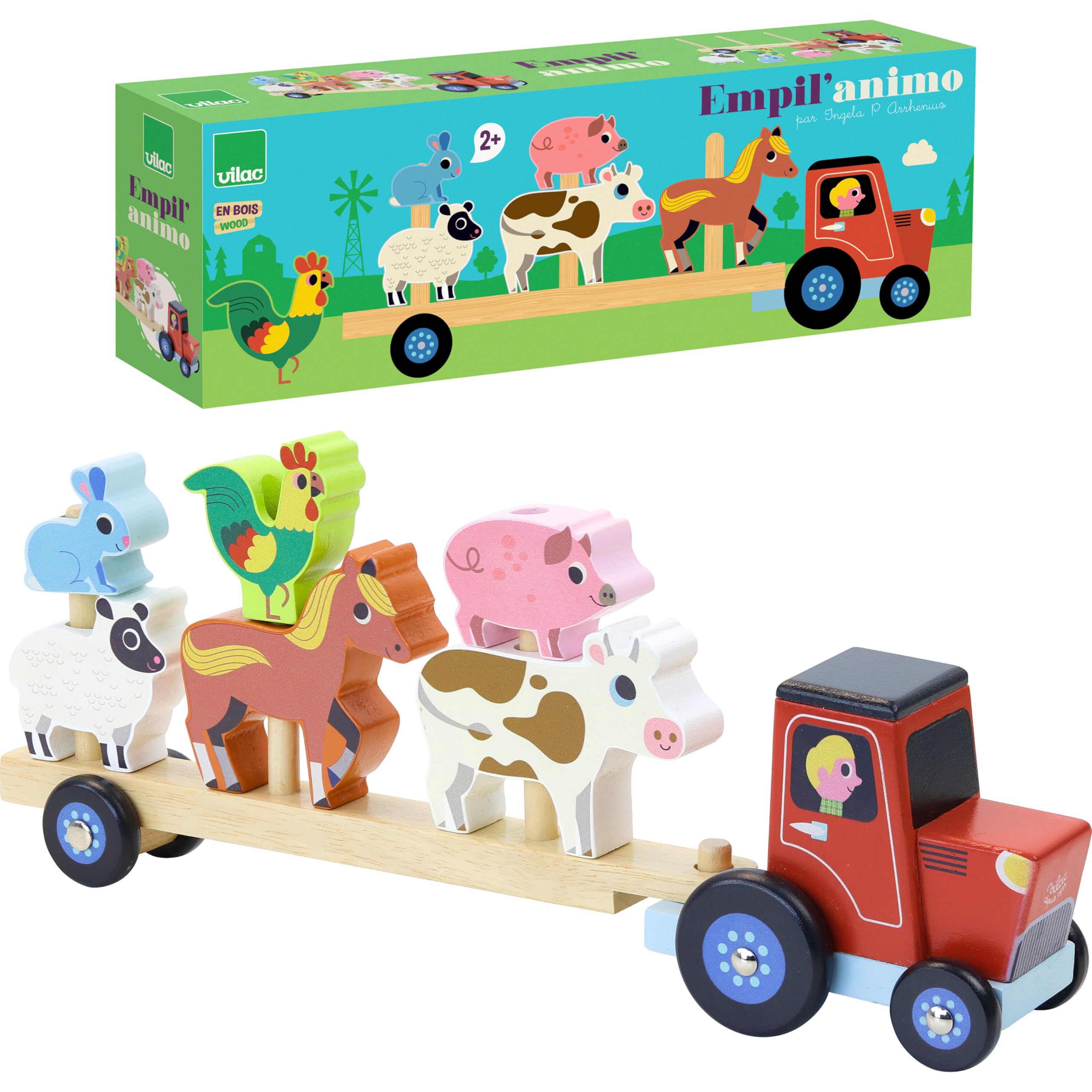 Vilac Truck and Tractor Farm Yard Animal Game, Stacking Wooden Vehicles, Montessori Play, 12 Months+