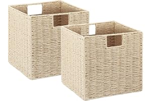 Vagusicc Wicker Storage Baskets, Set of 2 Hand-Woven Storage Baskets for Shelves with Handles, Foldable Cube Storage Baskets Bins Organizer 9 inch Wicker Baskets for Pantry Bedroom Decor, Beige