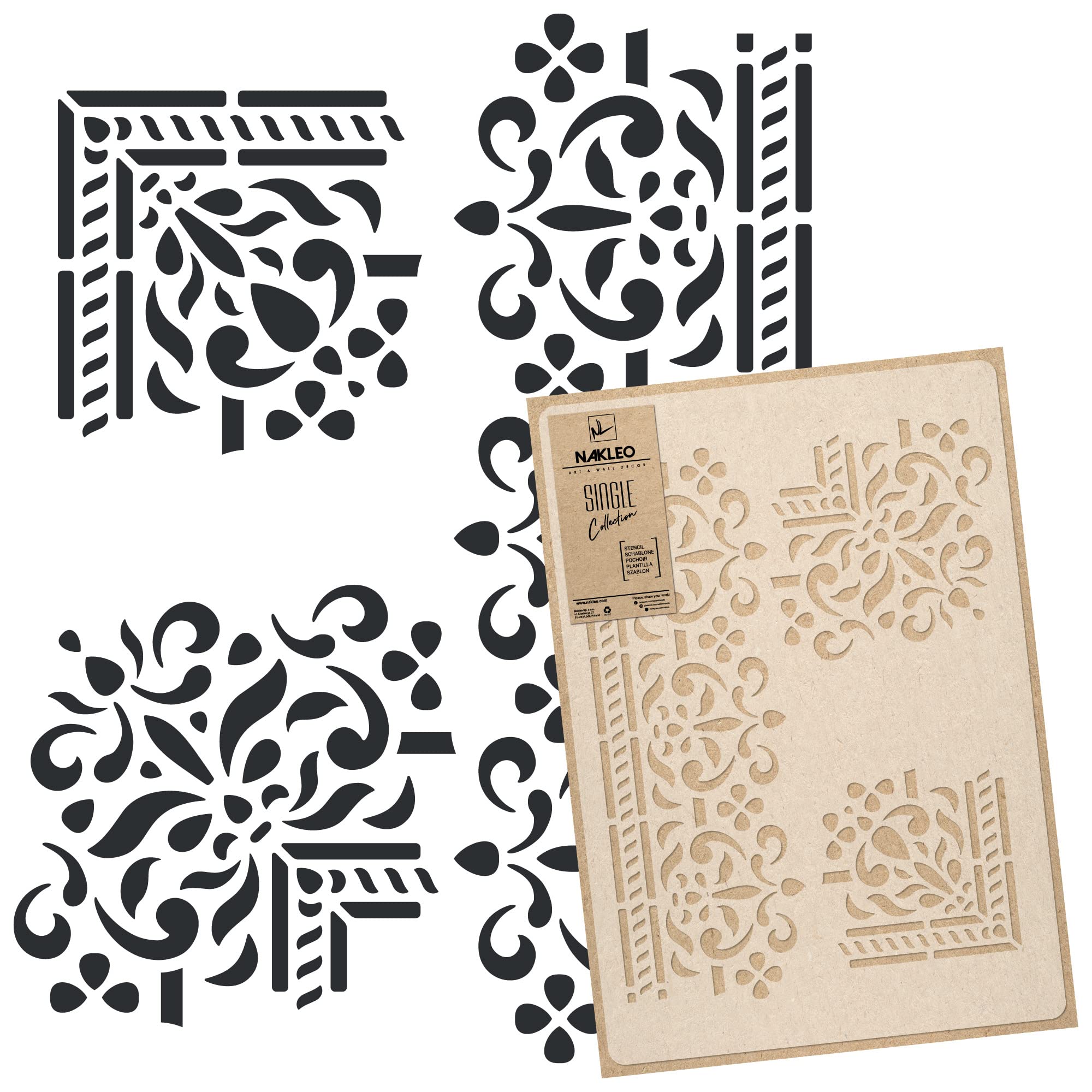 NAKLEO Large Wall Painting Stencil 43x64 cm, Border Corner Ornament Pattern, Reusable Plastic Template, DIY Art and Craft Home Decor, Floor Wood Fabric Furniture