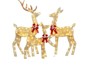 YULETIME 3-Piece Pre-lit 2D Christmas Reindeer Family, Lighted Glitter Christmas Deer Holiday Decoration with Warm White LED Lights