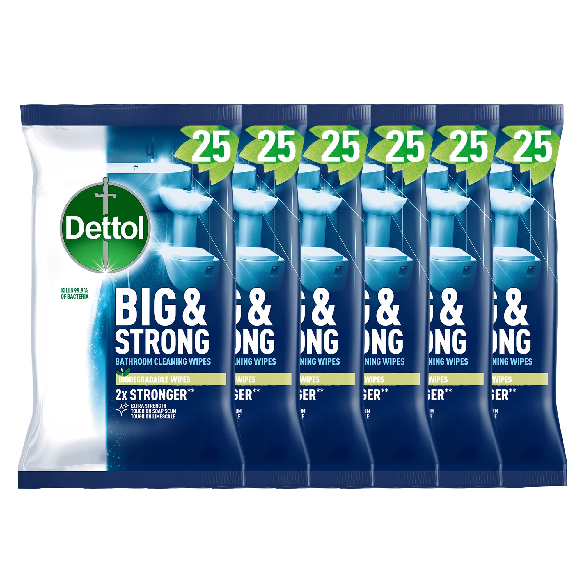 Dettol Big and Strong Bathroom Wipes, 25 Count (6 x 25, Total 150 Wipes), Extra Strength, Tough on Soap Scum and Limescale, Biodegradable
