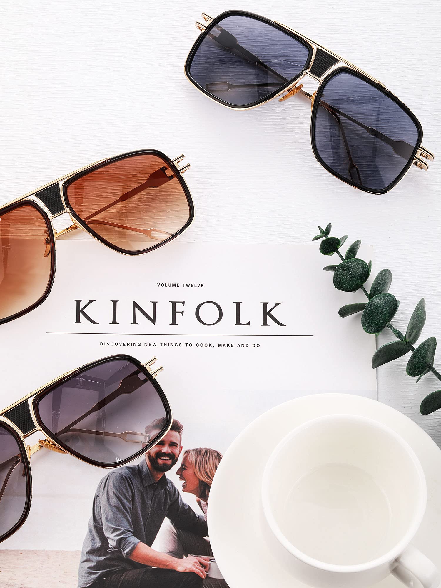 Frienda 3 Pairs Retro Sunglasses for Men Oversized Men Shades Glasses Fashion Alloy Metal Gold Frame Polarized Sun Glasses
