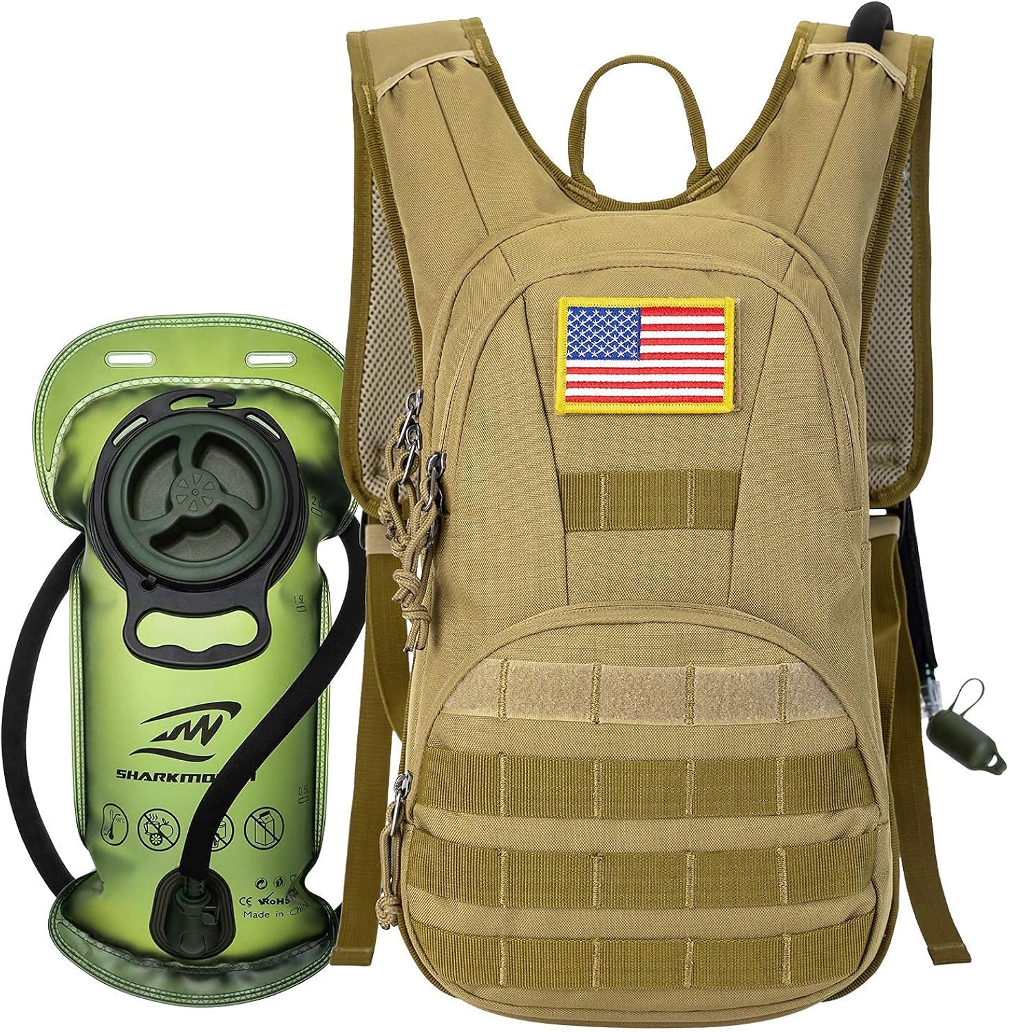 SHARKMOUTH Hydration Pack, Tactical Molle Hydration Pack Backpack 900D with 2L BPA Free Hydration Water Bladder, Military Daypack for Running, Hiking, Cycling, Climbing, Hunting &Working Out, Tan : Clothing