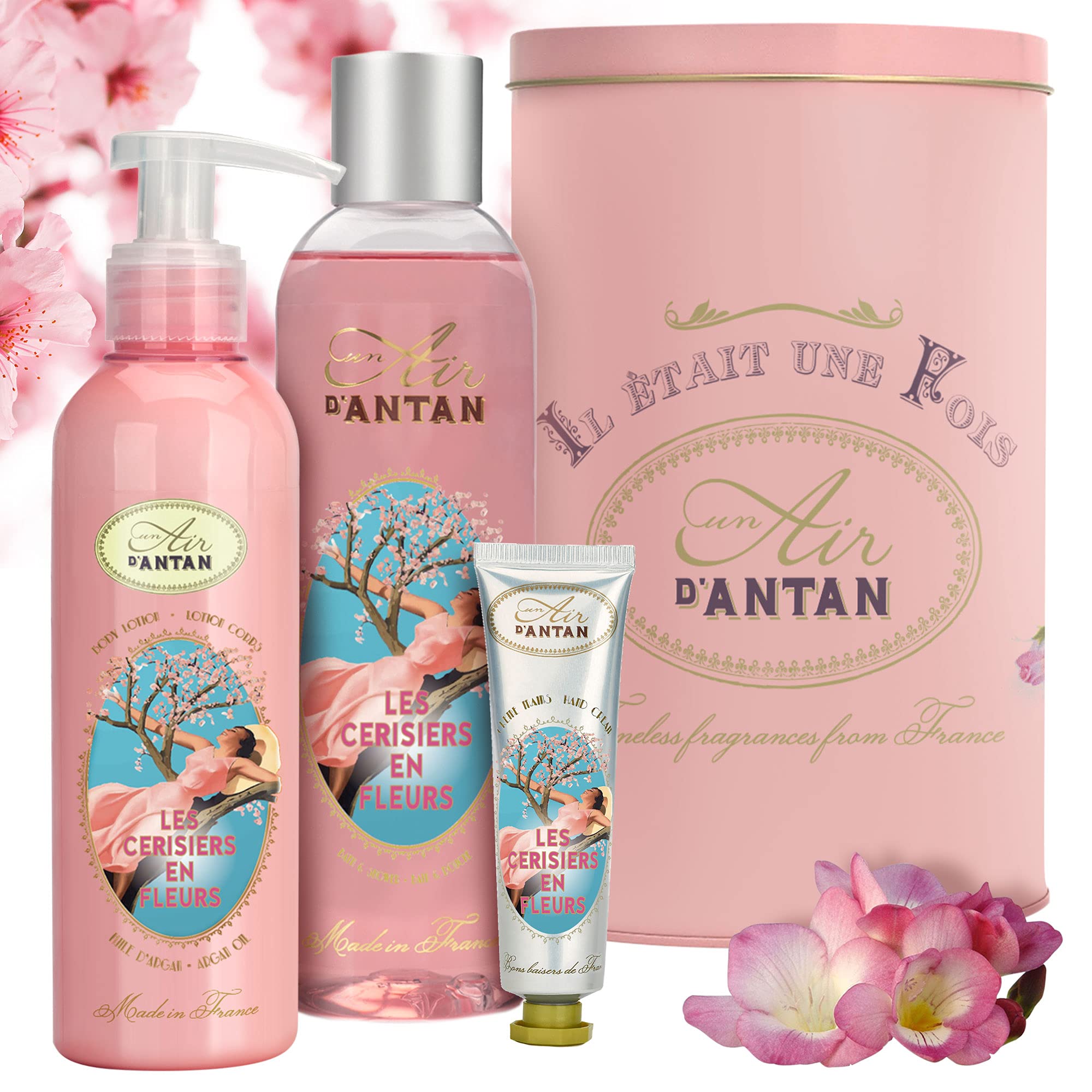 Photo 1 of ****OPENED FOR INSPECTION***Un Air d'Antan Spa Gift Basket for Women 3-Piece French Bath Body Gift Set for Women: 1 Hand Cream, 1 Shower Gel, 1 Body Lotion Cherry Blossom Freesia-Birthday Gifts for Wife, Spa Gift Box for Women