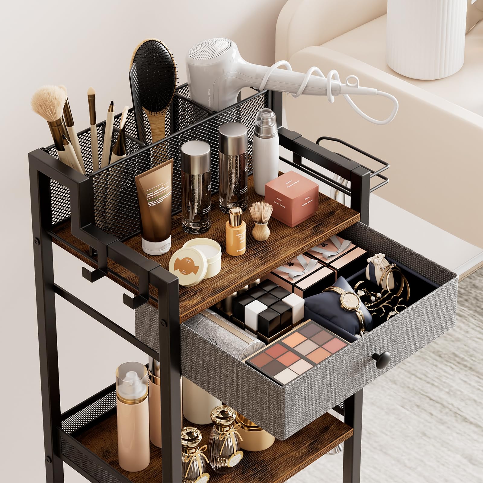 FURFUN Bathroom Shelves with Drawer, 3 Tier Metal Rolling Standing Unit Storage Organizers with Toilet Paper Holder, Multifunctional Floor Corner Rack for Cosmetic, Dryer Curling Irons 12.8in Wide