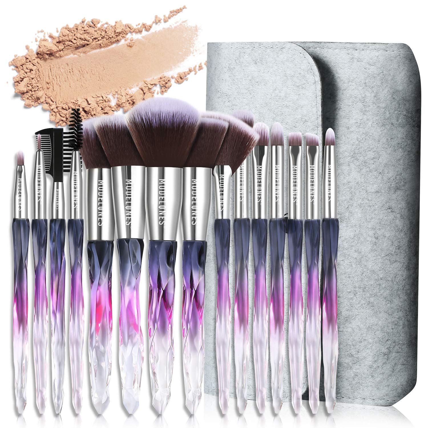 Modelones 15 PCs Makeup Brushes, Acrylic Handle Series Professional Premium Synthetic Cosmetic Brushes for Blending Foundation Powder Blush Concealers Highlighter Eye Shadows Brushes Kit: Beauty