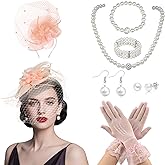 7Pcs Fascinators for Women,20s 50s Tea Party Fascinator Hats for Women,Feather Pearl Veil Tea Party Hats and Jewelry Set