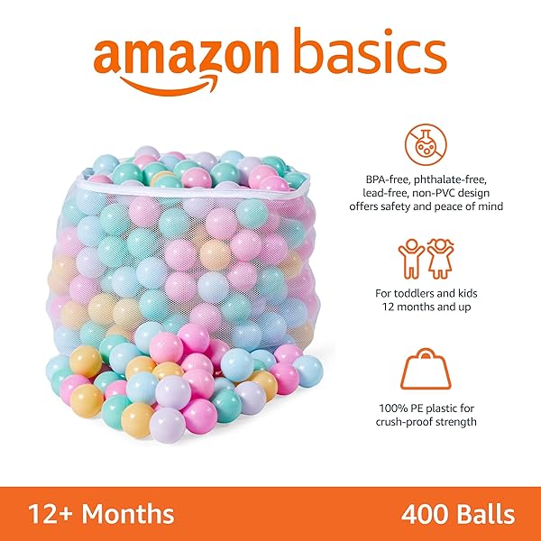 AMAZON BASICS BPA-FREE BALL PIT BALLS WITH STORAGE BAG, CRUSH-PROOF PLASTIC FOR TODDLERS KIDS 12+ MONTHS PLAY, 6 PASTEL COLORS, PACK OF 400