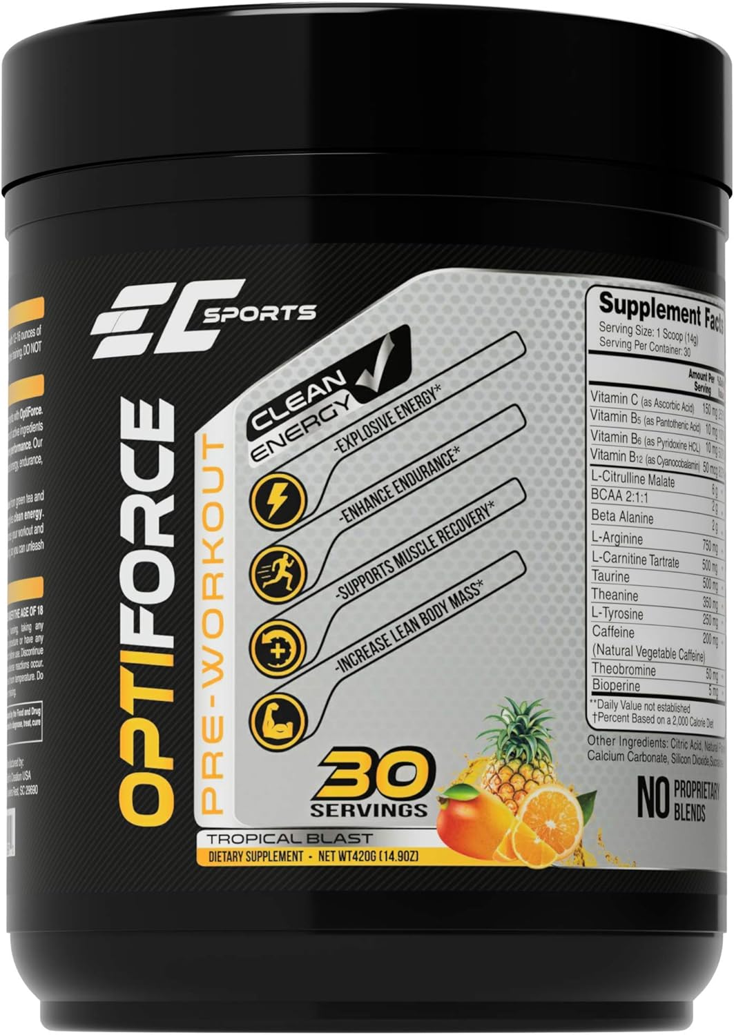 EC Sports, OptiForce Pre-Workout, Clean Energy, 6G Citrulline Mallate, 2G Beta Alanine, 2G Betaine Anhydrous, Natural Caffeine, Candy Watermelon, 30 Servings, 15.34oz: Health & Personal Care