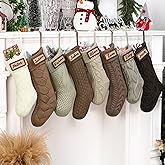 Skicuff 8 Pack Neutral Christmas Stockings Bulk 18 inch Dark Brown Farmhouse Rustic Boho Xmas Cable Knit Fireplace Stockings with Wooden Tags for Family Holiday Mantel Decor