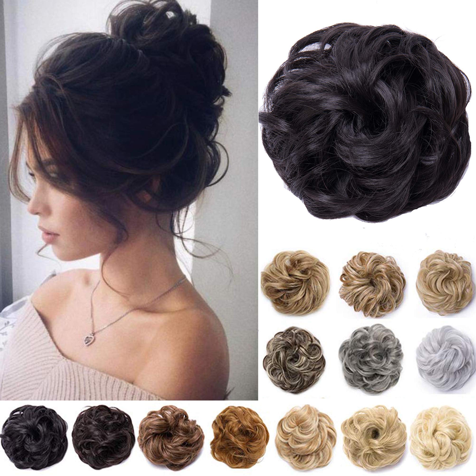 Messy Hair Bun Synthetic Extension Scrunchy Donut Curly Wavy Updo Elastic Scrunchie Thick Full Wedding Hair Pieces Bridal Hairpiece Easy Bun Updos Chignon for Women Kids Dark Brown