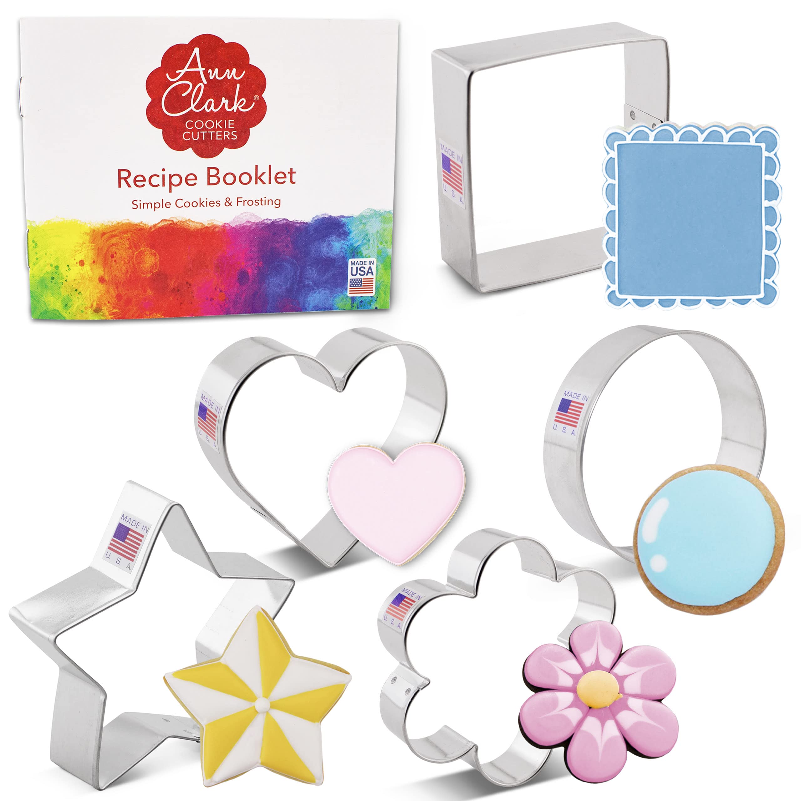 Basic Cookie Cutters 5-Pc. Set Made in USA by Ann Clark, Star, Heart, Circle, Square, Flower