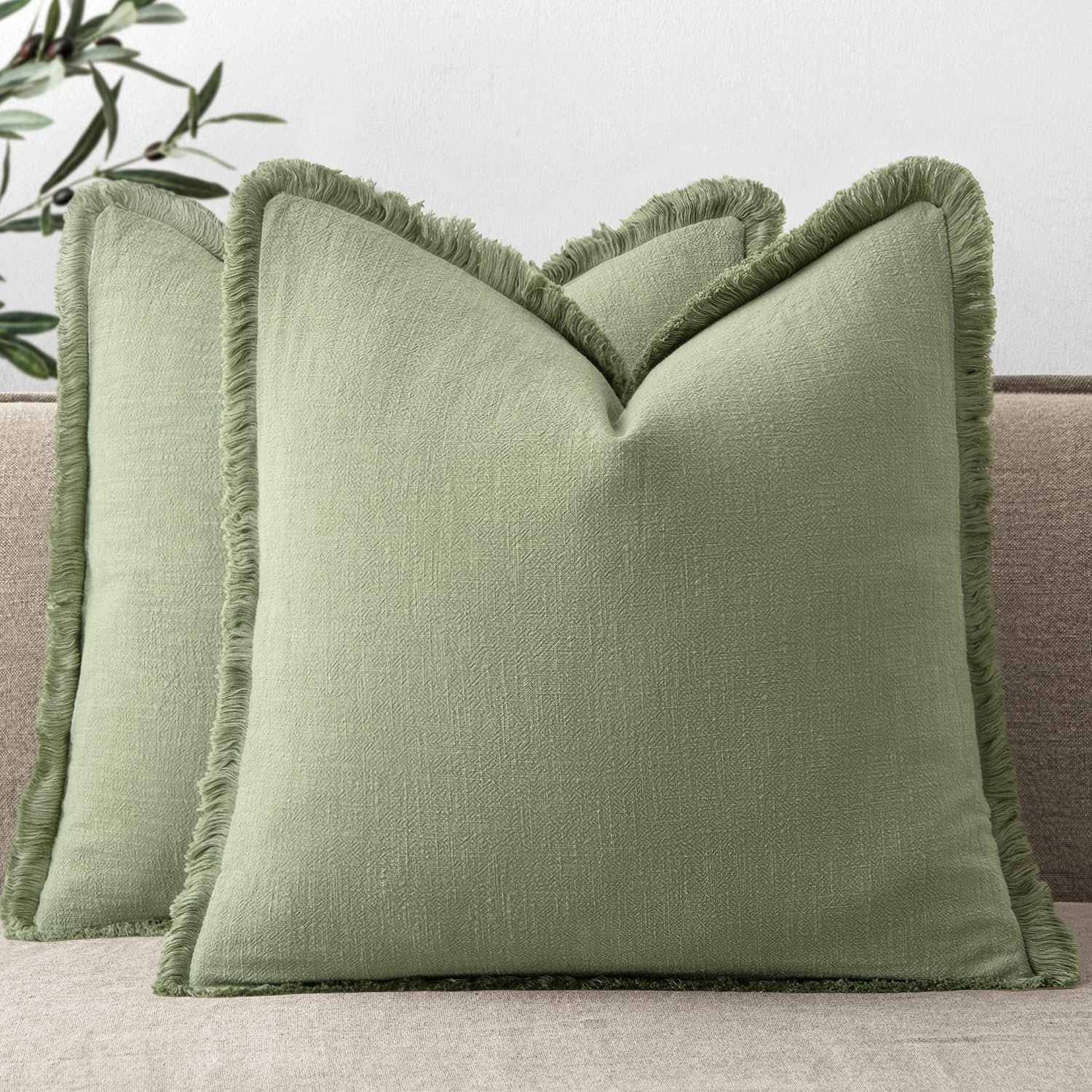 Photo 1 of ANRODUO Set of 2 Decorative Throw Pillow Covers 20×20 Inch Soft Linen Fringe Farmhouse Boho Vintage Cushion Covers with Tassels Accent Pillowcase for Couch Sofa Bed Living Room Fall Decor Sage Green