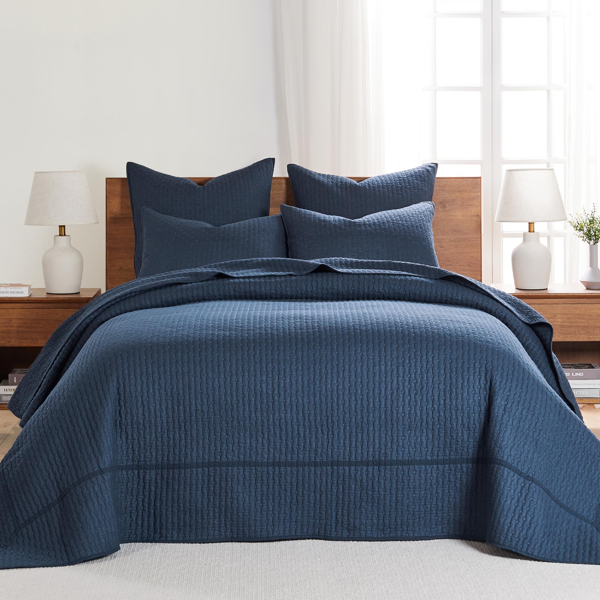 Photo 1 of Levtex Home Cross Stitch Reversible King Bedspread Set (120x104in) with 2 Pillow Shams (36x20in) - Stitch Texture - Navy - Cotton King Size Bedspread Set - Soft, Pre-Washed