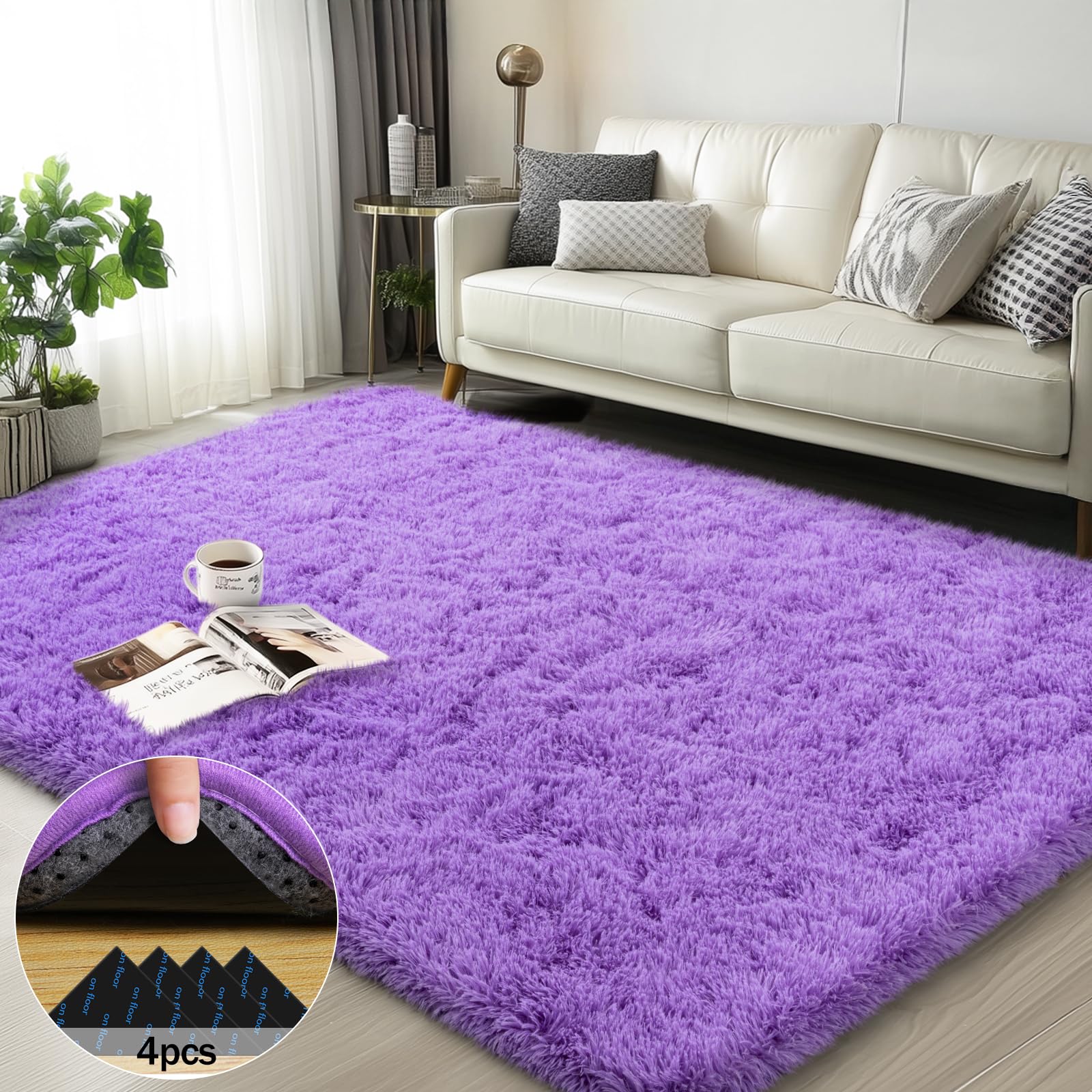 Mugorn 3x5 Rugs for Bedroom, Fluffy Area Rugs for Living Room, Soft Shag Kids Rug Small Carpet with 4 Non-Slip Rug Pads (Purple, 3ft x 5ft)