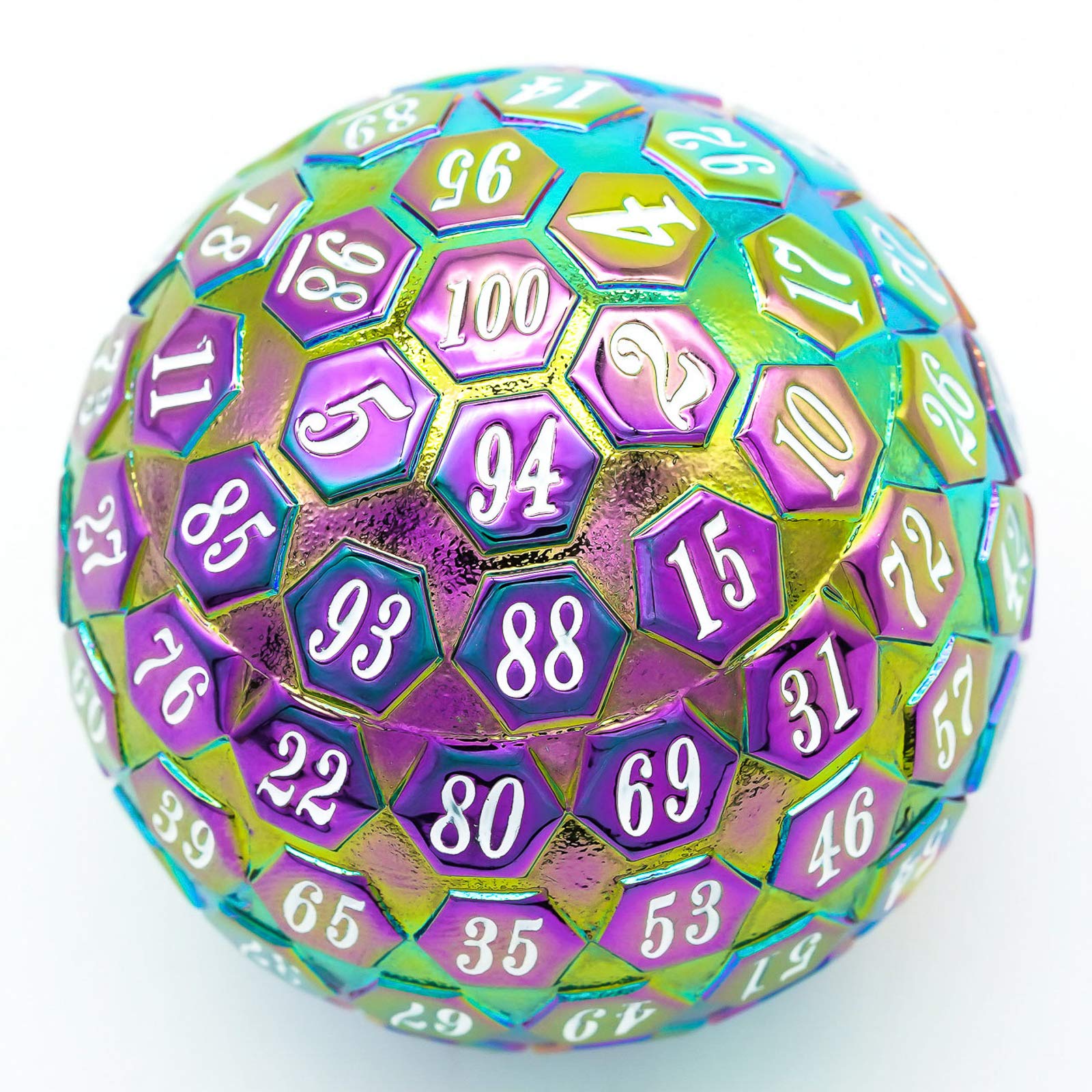 Cusdie D100 DND Metal Dice, 100 Sided Giant Metal Dice, Single D100 Polyhedral Dice with Gift Box for RPGs (Rainbow w/White Numbers)