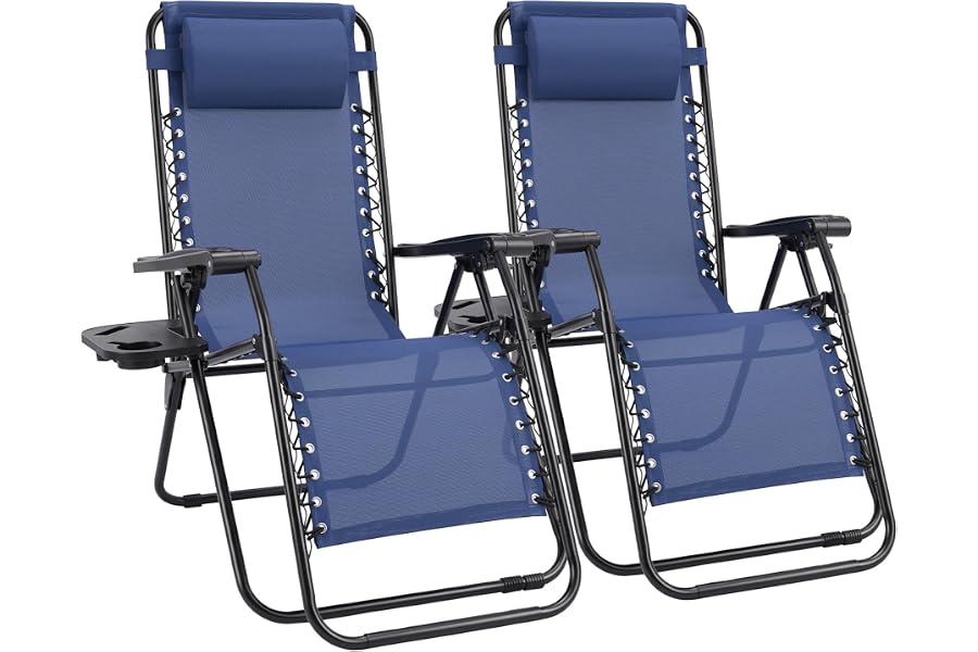 Sweetcrispy Zero Gravity Chairs Set of 2, Outdoor Folding Reclining Lounge Chair with Cup Holder Tray & Adjustable Pillow, Portable Camping Beach Patio Poolside Lawn Yard Chair, Classic Blue