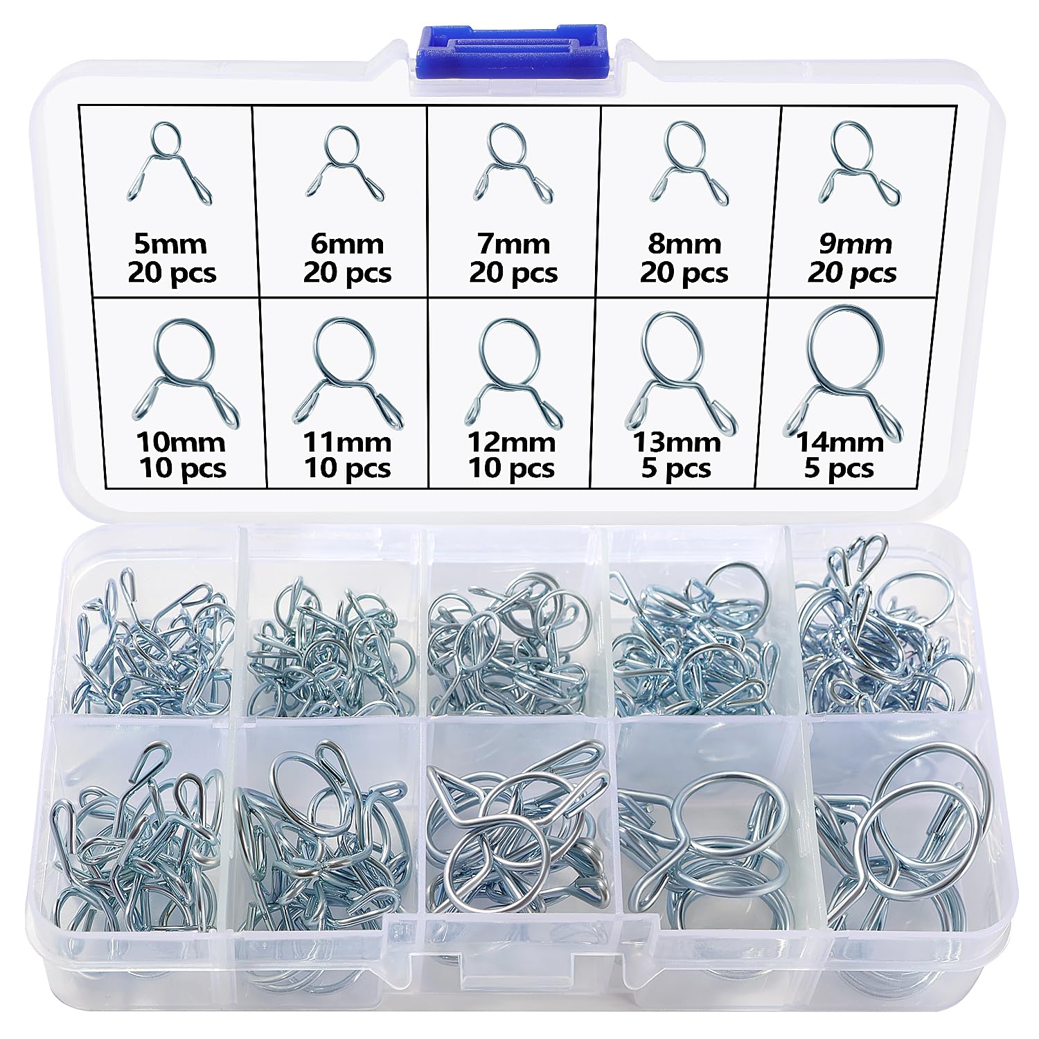 Lyeteung 140 PCS 10 Sizes 5-14 mm Single Wire Spring Hose Clamp Kit, Air Tube Clamps Fastener, Fuel Line Hose Tube Spring Clips, for Air Hose Fuel Pipe Silicone Hose, Silver