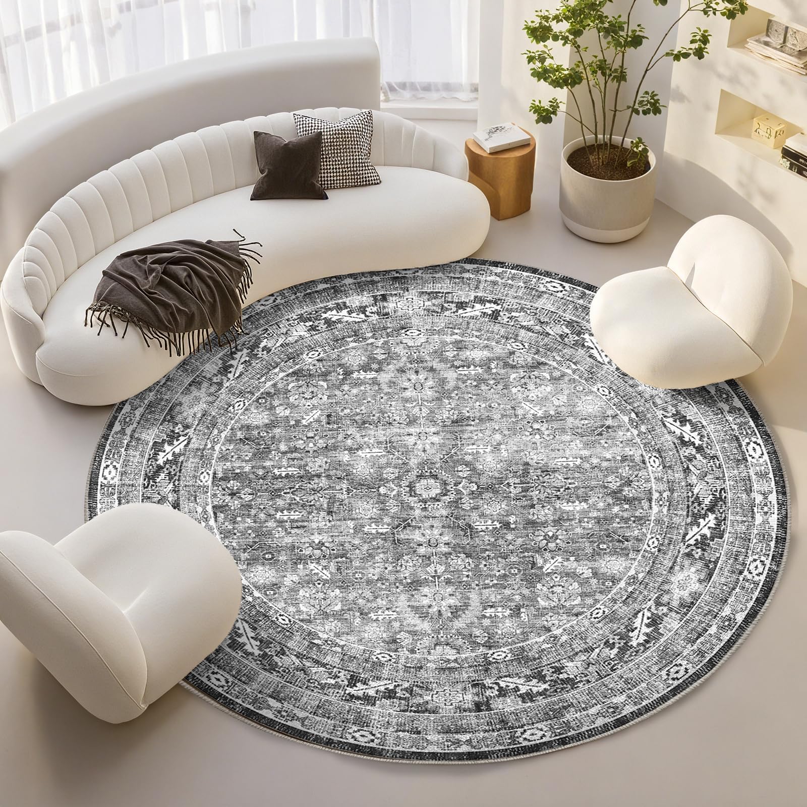Photo 1 of OPPODREAM Vintage Grey Round Rug 8ft, 8 ft Retro Washable Circle Rug Non Slip, Low-Pile Faux Wool Circular Carpet, Distressed Gray Floor Mat for Living Room, Bedroom, Office, Dorm, Dinning Room