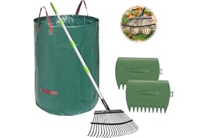 JOYHALO 65 Inch Rake for Leaves, 25 Tines Metal Leaf Rake Set with 32 Gallon Leaf Bags Scoops, Garden Rakes 18in Wide, Rakes for Gardening Lawns Yard Outdoor Camping Shrub Grass Bush