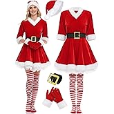 SOMSOC 5 Pack Women Mrs Claus Christmas Costume Set Velvet Dress with Belt Striped Over Knee High Socks Santa Hat Gloves