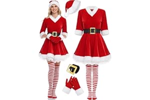 SOMSOC 5 Pack Women Mrs Claus Christmas Costume Set Velvet Dress with Belt Striped Over Knee High Socks Santa Hat Gloves