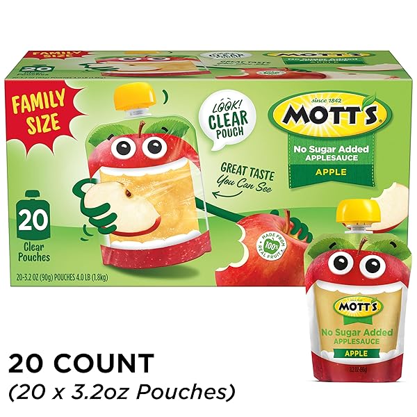 MOTT’S NO SUGAR ADDED APPLESAUCE, MADE FROM REAL FRUIT, NO ARTIFICIAL FLAVORS, 3.2 OZ CLEAR POUCHES, 20 PACK