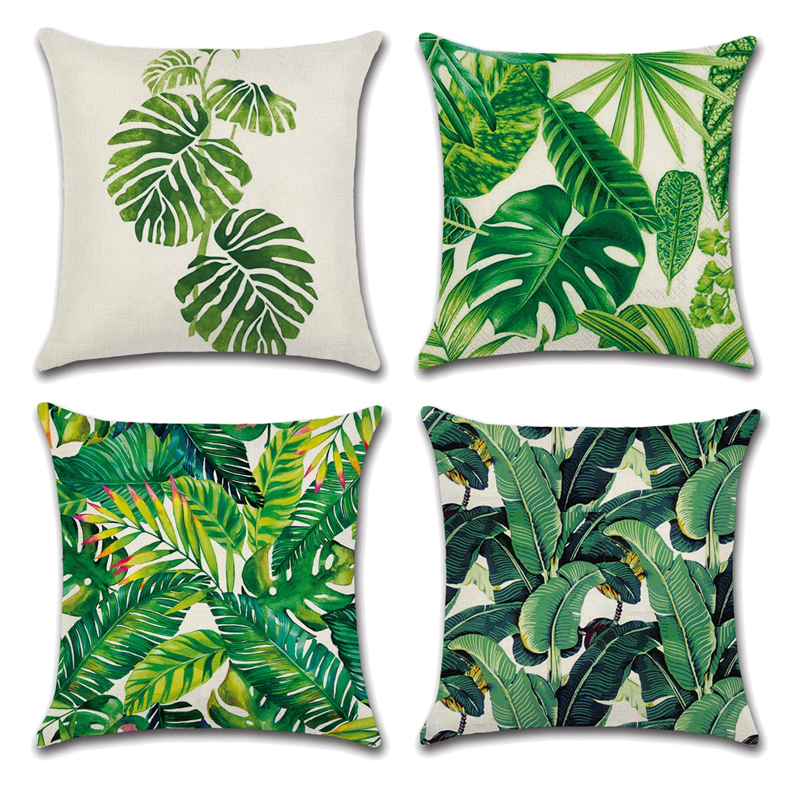OCEUMACO Linen Cushion Covers 45 x 45 cm for Sofa Set of 4 Square Jungle Leaf Throw Pillow Cases 18x18 Inches Outdoor Boho Tropical Plants Leaves Cushion Cover Pack for Home Decor - Green