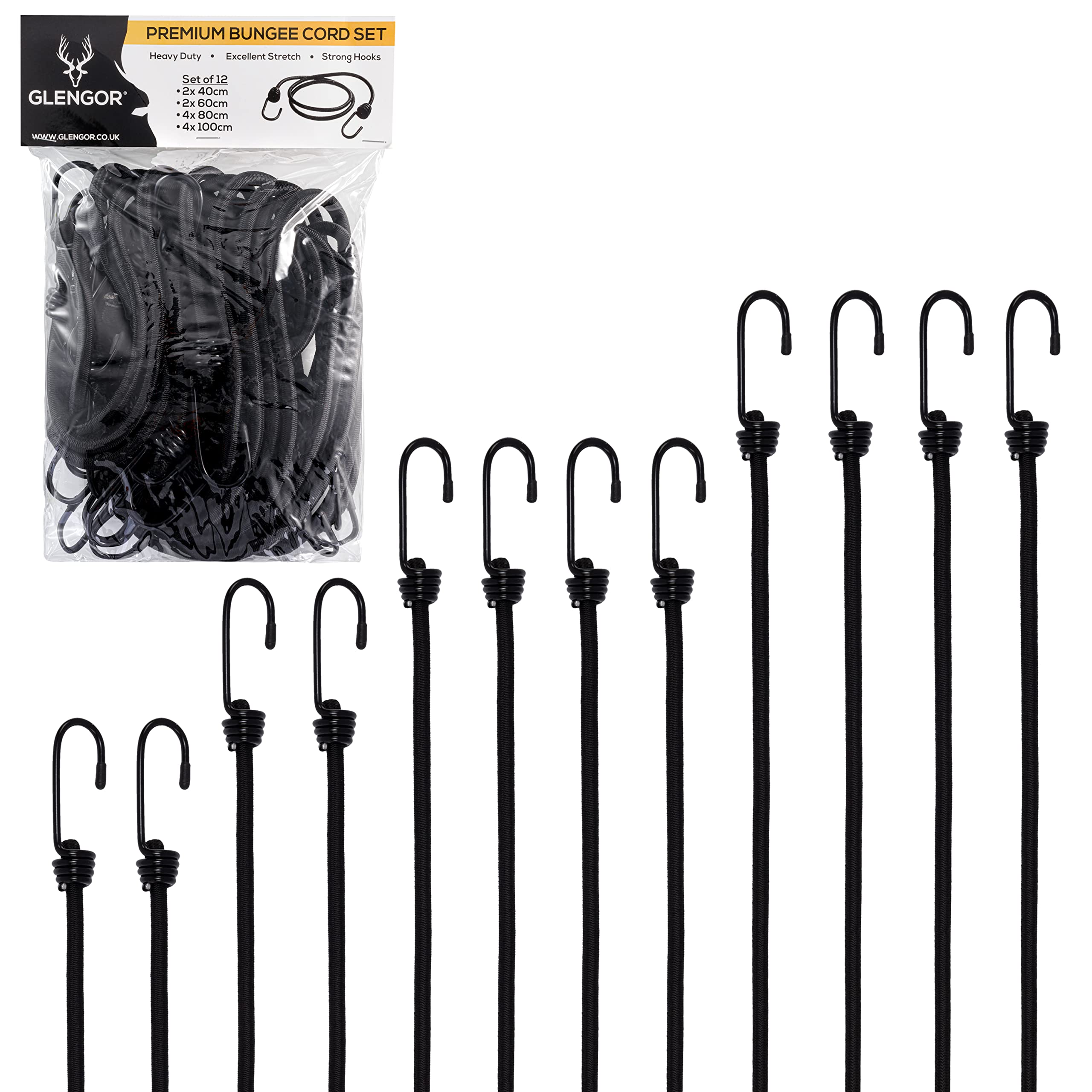 Glengor Premium Bungee Cord Set | Pack of 12 | Heavy Duty Elastic Cords | Great for Caravan, Camping, Garden, DIY, Trailers, RV’s | 2x 40cm, 2x 60cm, 4x 80cm, 4x 100cm