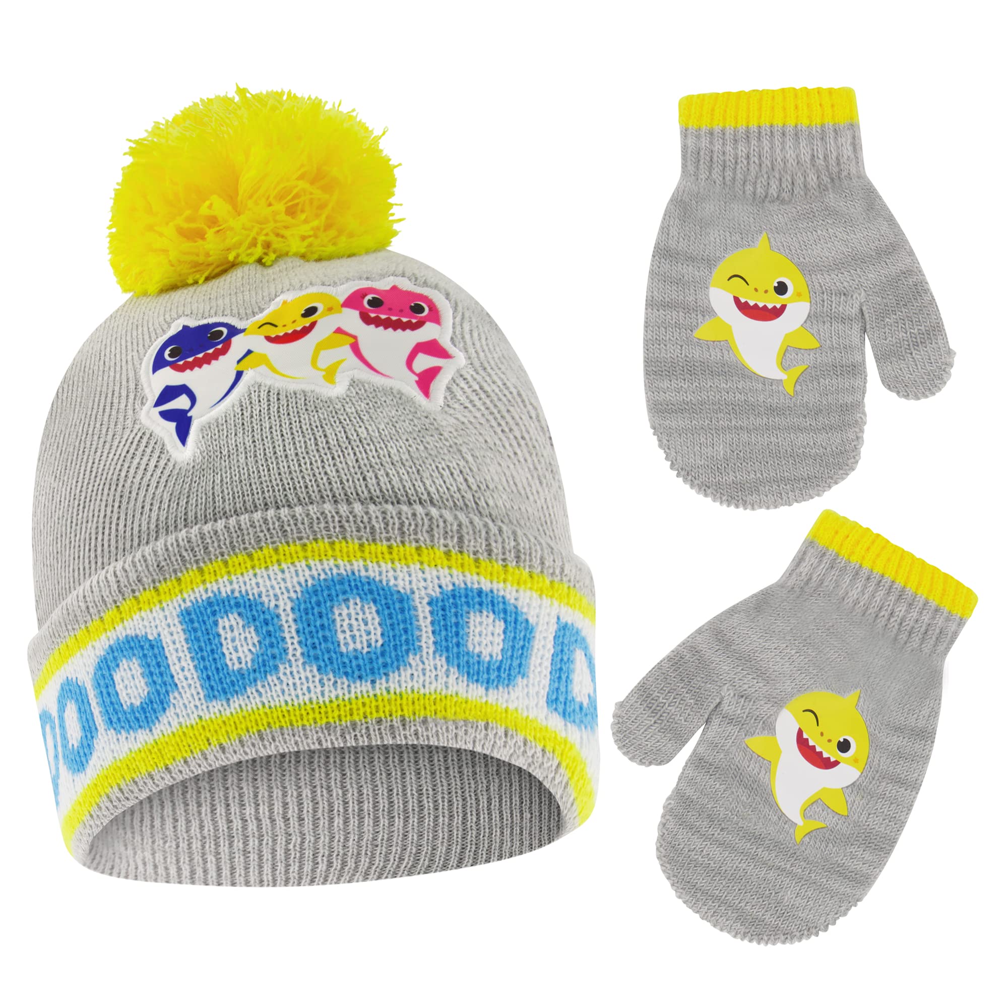 Nickelodeon Winter Hat and Mittens Set, Baby Shark Beanie and Gloves for Children, Yellow/Grey, Toddler Kids Age 2-4