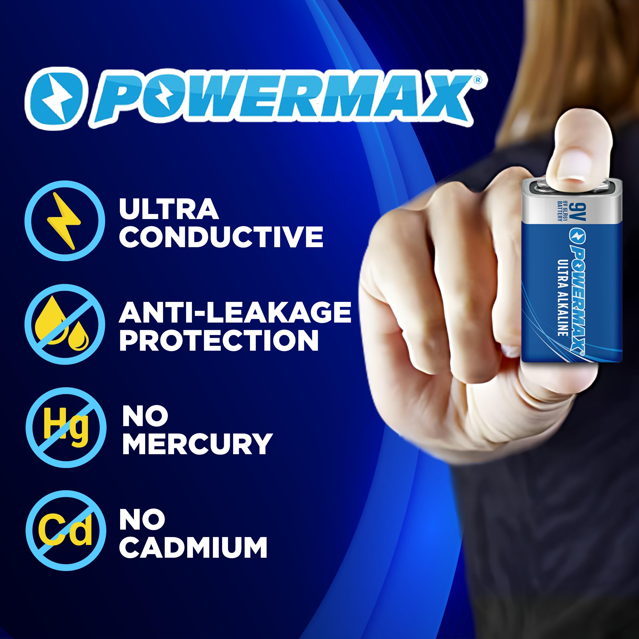 Powermax 8-Count 9V Batteries, Ultra Long Lasting Alkaline Battery for Home and Office, 7-Year Shelf Life, Reclosable Packaging