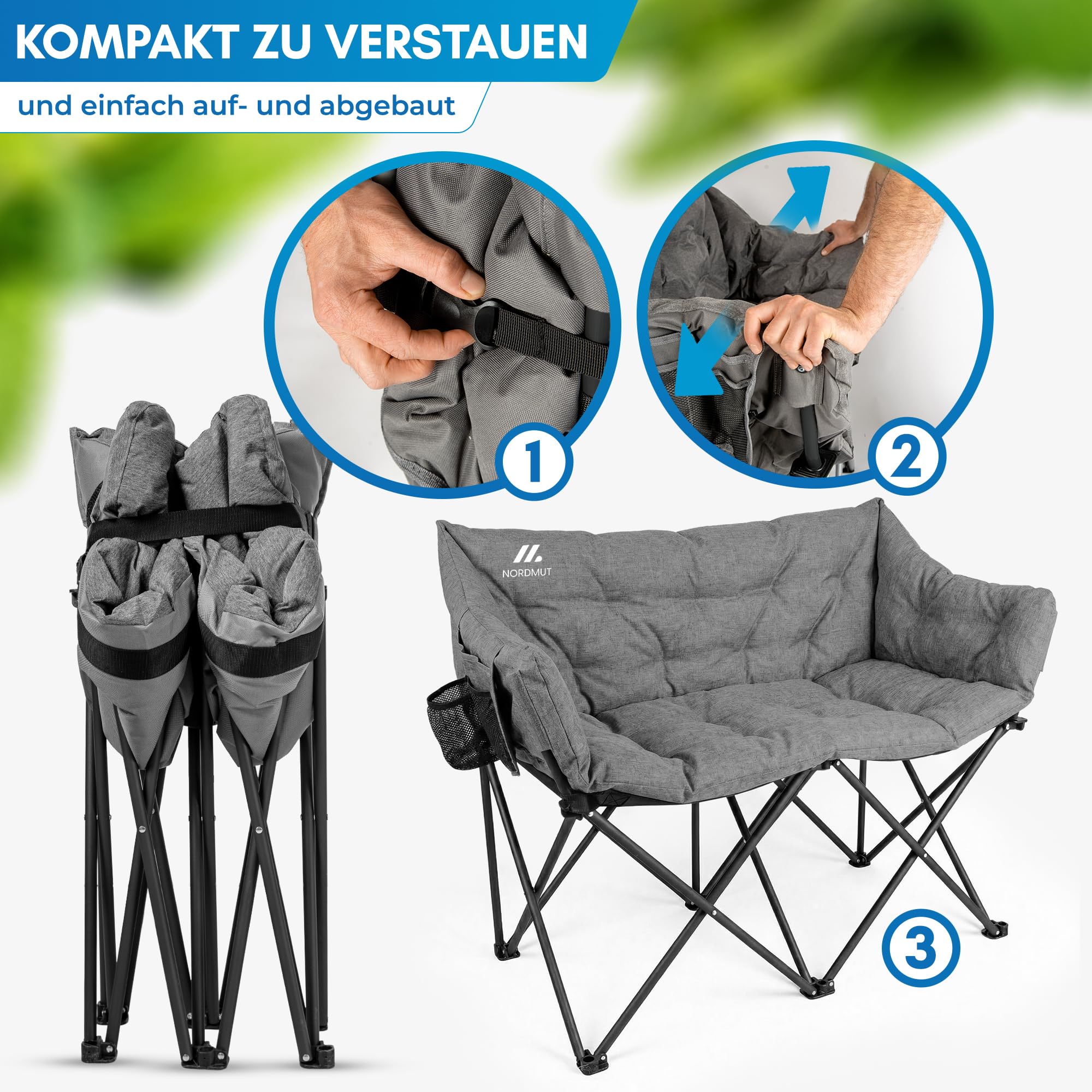 NORDMUT® Campingsofa faltbar für 2 Personen – stabile Camping Couch 320 kg belastbar – komfortabler Doppel Campingstuhl faltbar mit extra Dicker Polsterung (Aschgrau) 7