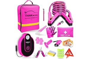 THINKWORK Car Emergency Kit for Teen Girl and Lady's Gifts, Pink Emergency Roadside Assistance kit with Digital Air Compressor, 10FT Jumper, First Aid Kit, and More Ideal Pink Car Accessories Tool -E7