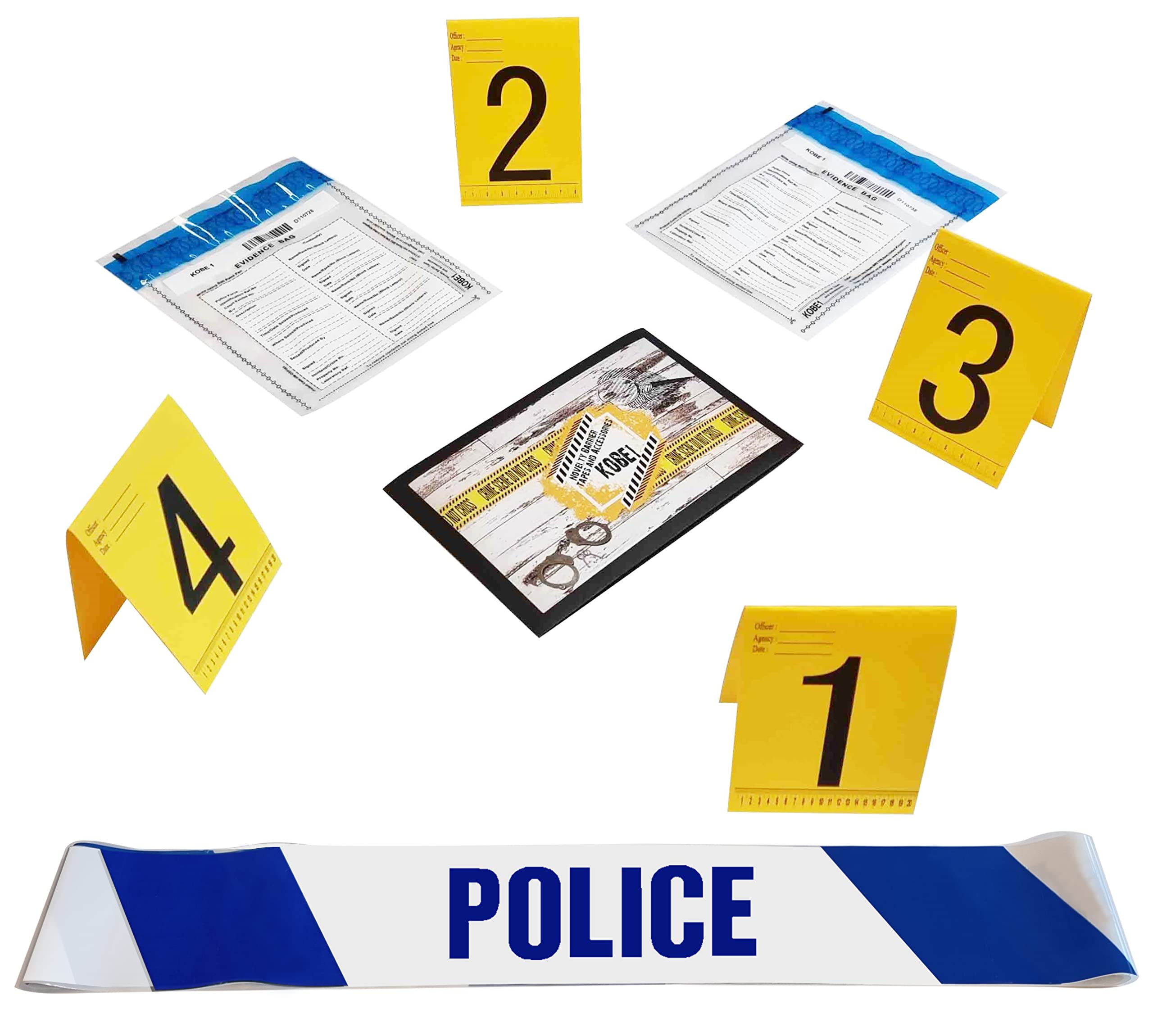 Kobe1 Police Crime Scene Kit:Police Barrier Tape(6m),Tamper Proof Evidence Collection Bags (x2),Photo Evidence Markers Frames Tents.Cards:1 to 4 (10.5cm x 15cm).