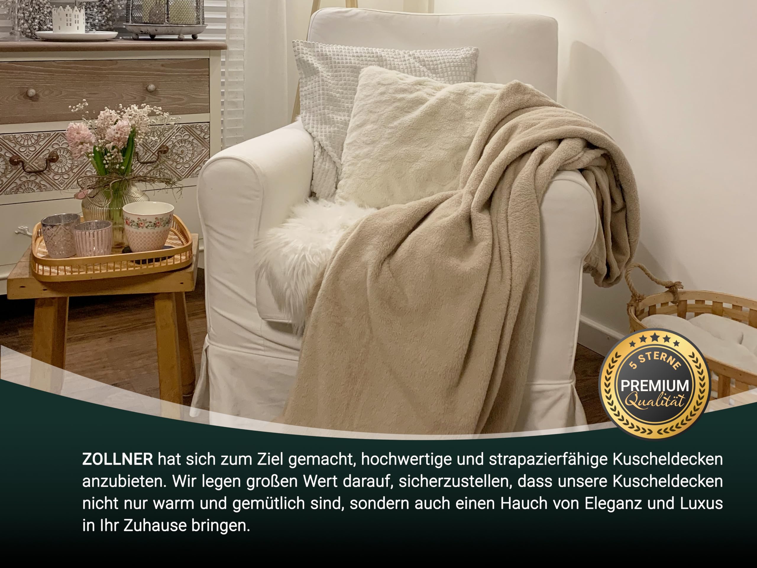 ZOLLNER Kuscheldecke flauschig in 150x200 cm - super kuschelige und warme Sofadecke - waschbar bis 95°C - atmungsaktive Mikrofaser in beige - Hotelwäschequalität - Oeko Tex® Zertifiziert 6