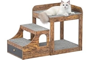 Cyclysio Pet Window Perch with Stairs, Super Large Pet Bunk Bed for Cats, Multi-Level Pet Seat Platform with Mats, Pet Bed Couch with Drawers for Bedside, Home, Indoor Use, Small Size, Rustic