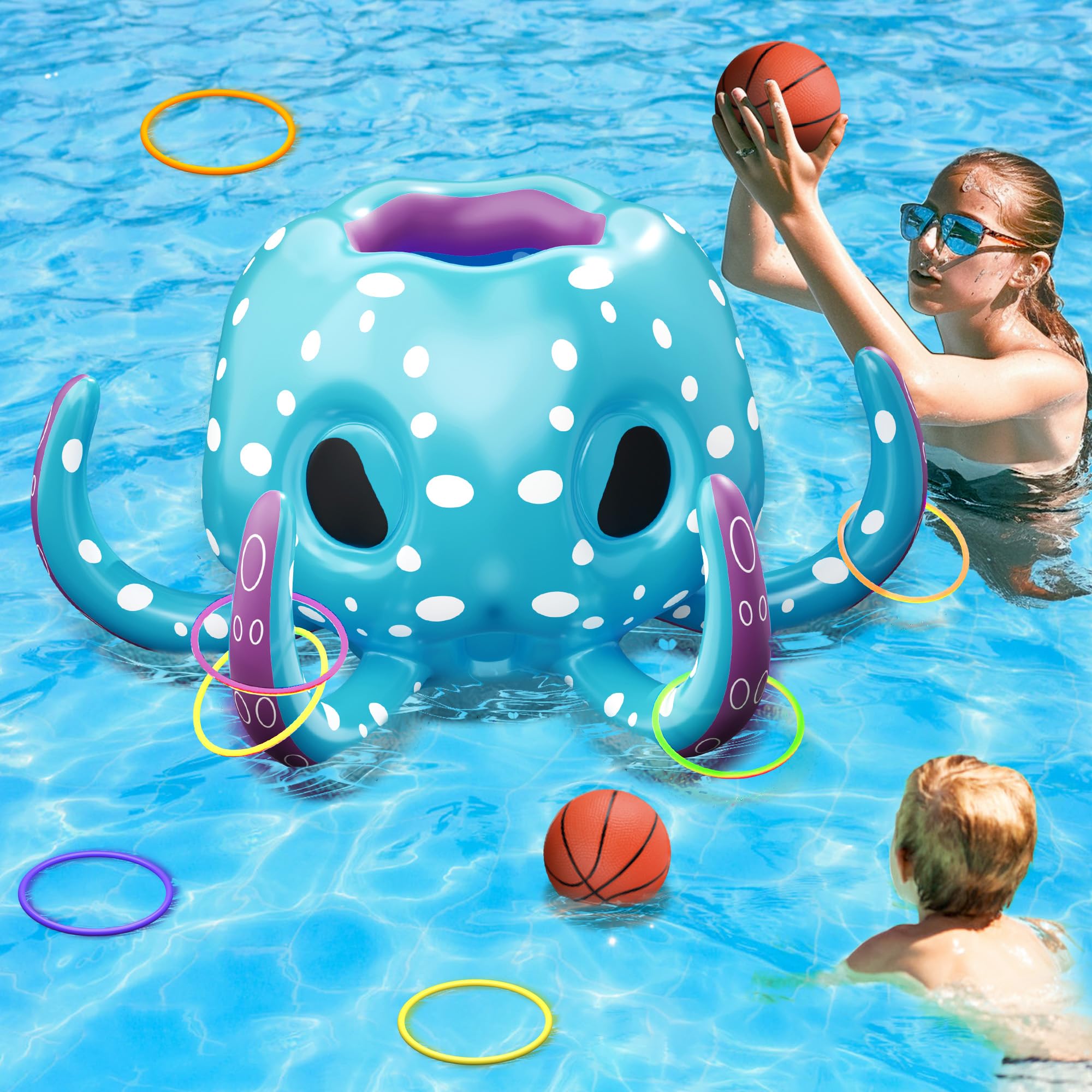iPlay, iLearn Kids Octopus Pool Toys, 2-in-1 Inflatable Float Pool Game, Basketball Hoop & Ring Toss Game, Outdoor Summer Beach Water Play, Cool Family Party Gift 3 4 5 6 7 8 Year Old Boy Girl Child